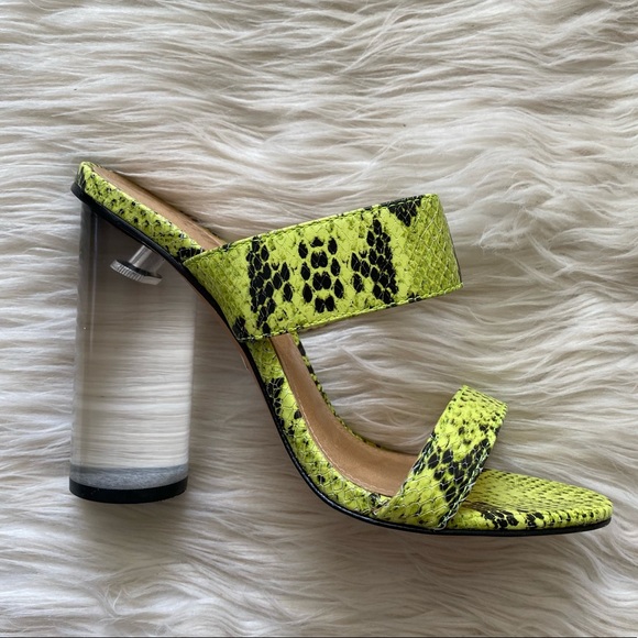Schutz Neon Yellow Snake Print Leather Open Toe Heels - Picture 4 of 9
